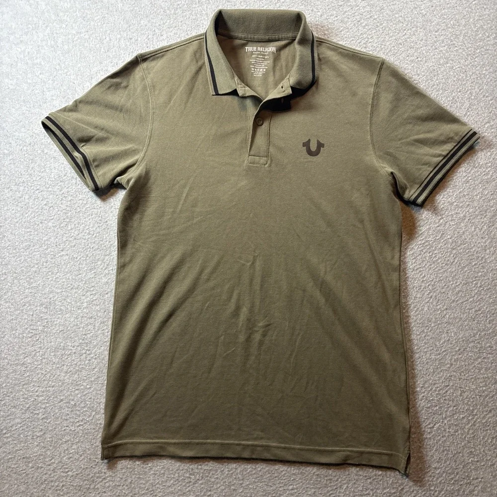 True Religion Men's Polo Shirt Green Sz S Shirt Sleeve Large Back Print Preppy